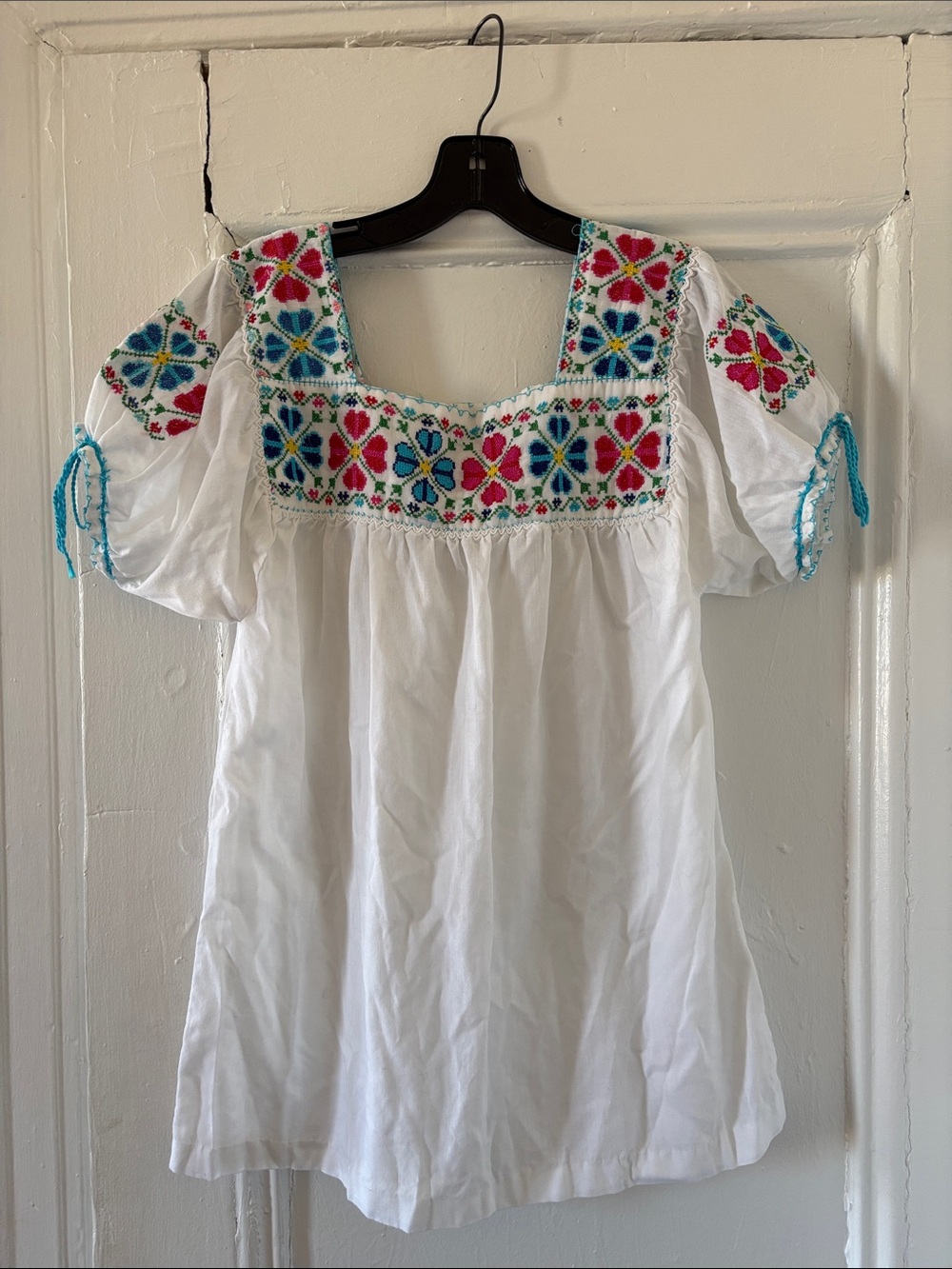 White Embroidered Square-Neck Peasant Top - Multicolor Accent